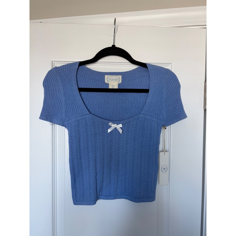 The Prairie Rachel Ashwell Blue Pointelle Knit Bow Square Neck Top Small NEW